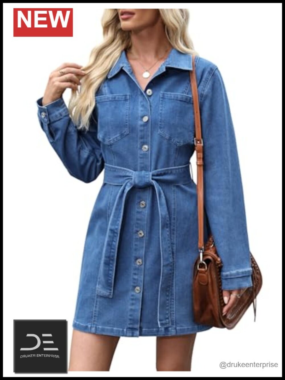 Womens Denim Shirt Dress Long Sleeve Button Down A-Line Babydoll with Pockets